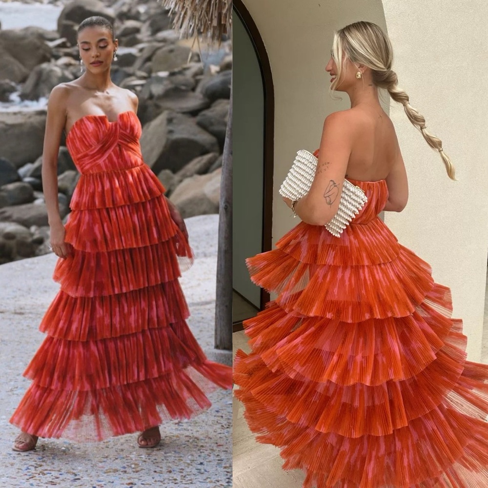 Hutch Strapless Red-Orange Tiered Maxi Dress